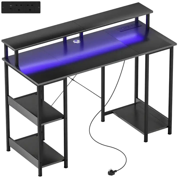 Computer Desk - Carbon Fibre Grey | Built-In Charging Station and RGB LED Lights HOMCOM - Little and Giant Explorers HOMCOM