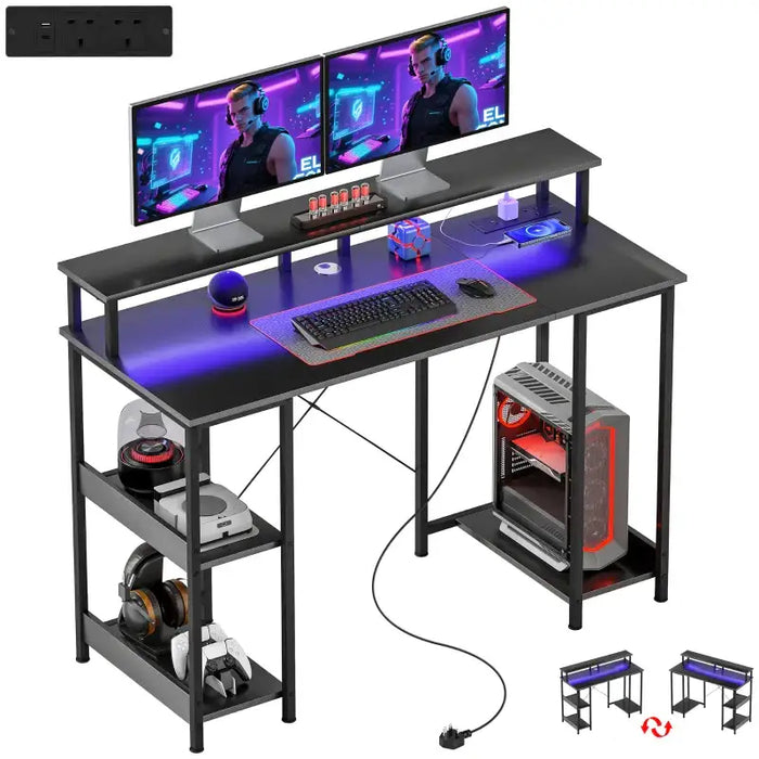 Computer Desk - Carbon Fibre Grey | Built-In Charging Station and RGB LED Lights HOMCOM - Little and Giant Explorers HOMCOM