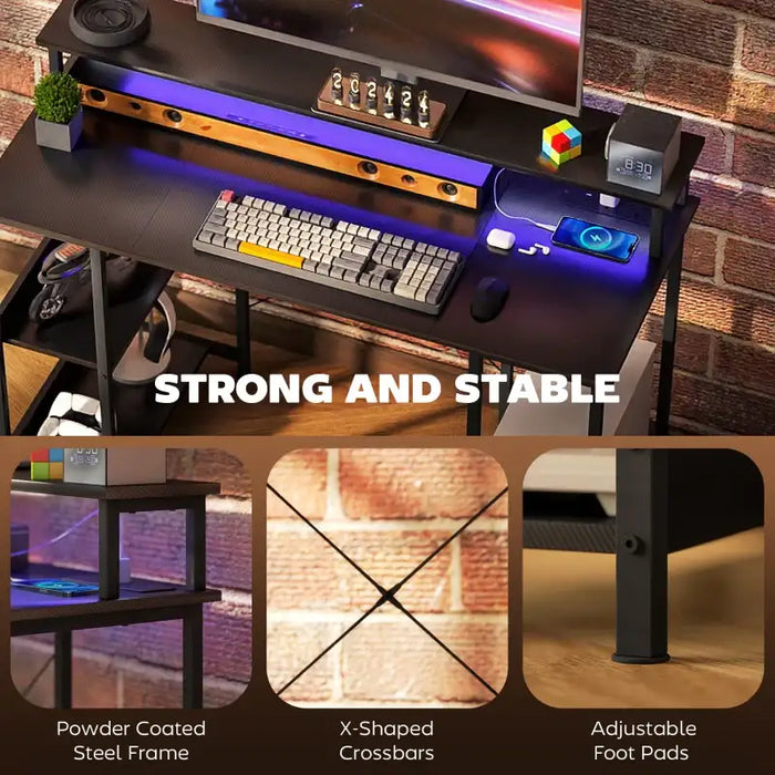 Computer Desk - Carbon Fibre Grey | Built-In Charging Station and RGB LED Lights HOMCOM - Little and Giant Explorers HOMCOM