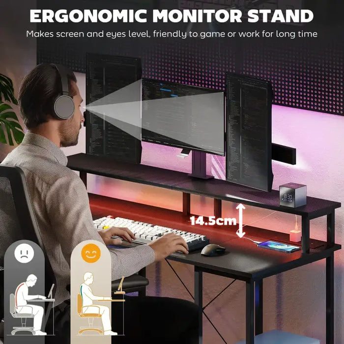 Computer Desk - Carbon Fibre Grey | Built-In Charging Station and RGB LED Lights HOMCOM - Little and Giant Explorers HOMCOM