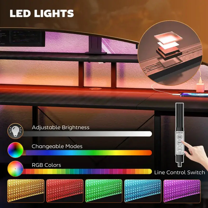 Computer Desk - Carbon Fibre Grey | Built-In Charging Station and RGB LED Lights HOMCOM - Little and Giant Explorers HOMCOM