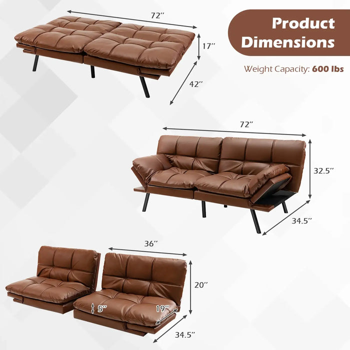 Convertible Futon Sofa Bed – Brown PU Leather | 3-in-1 Lounge, Bed and Sofa COSTWAY - Little and Giant Explorers