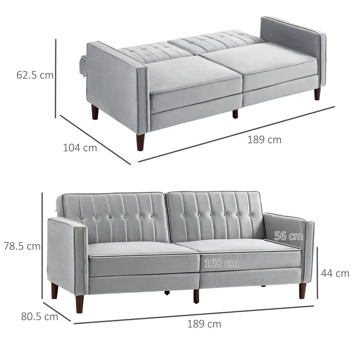 Convertible Three-Seater Sofa Bed – Light Grey Velvet | Split Back Design - Double Bed HOMCOM - Little and Giant Explorers