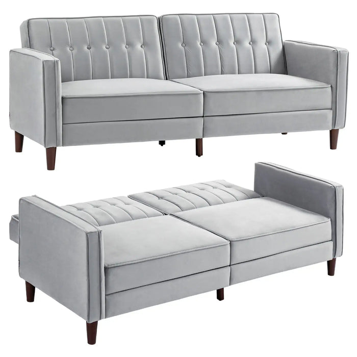 Convertible Three-Seater Sofa Bed – Light Grey Velvet | Split Back Design - Double Bed HOMCOM - Little and Giant Explorers