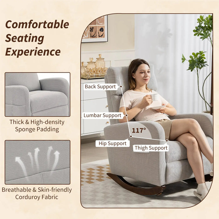 Corduroy Rocking Chair – Grey | 11° Rocking Base with Rubberwood Frame and Side Pockets HOMCOM - Little and Giant Explorers