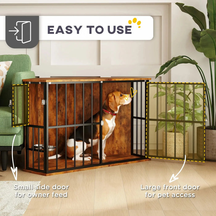 Corner Dog Crate Furniture with 2 Bowls for Small/Medium Dogs in Rustic Brown - Little and Giant Explorers PawHut