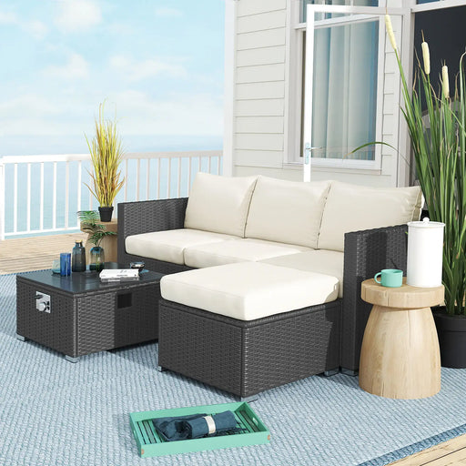Five-Piece Rattan Garden Furniture Set with Gas Fire Pit Table and Footstool - Little and Giant Explorers Outsunny