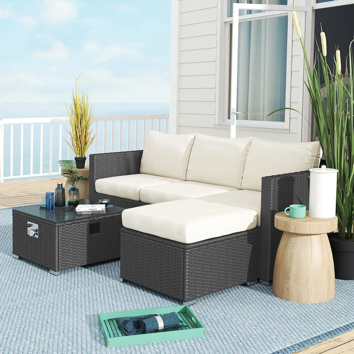 Five-Piece Rattan Garden Furniture Set with Gas Fire Pit Table and Footstool - Little and Giant Explorers Outsunny