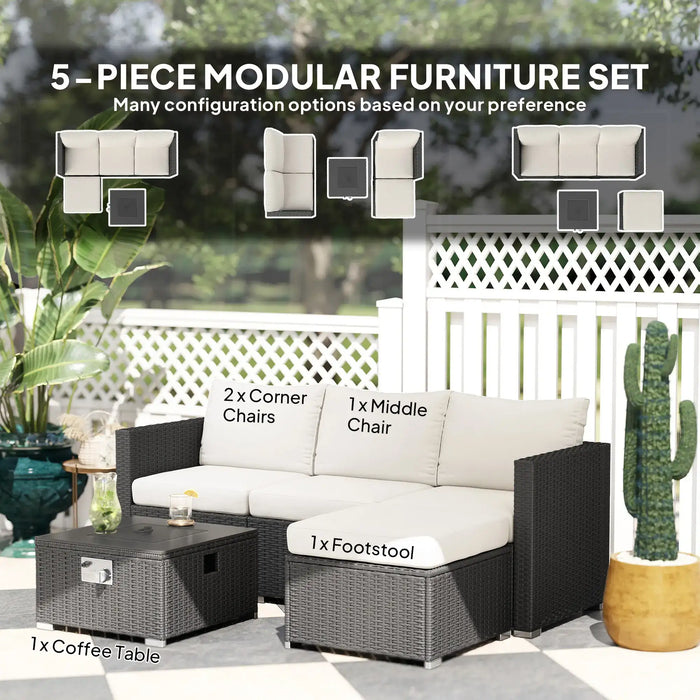 Five-Piece Rattan Garden Furniture Set with Gas Fire Pit Table and Footstool - Little and Giant Explorers Outsunny