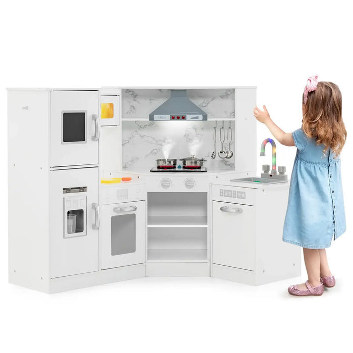 Corner Kids Kitchen Playset – White | Lights, Sounds and Water Circulation Sink COSTWAY - Little and Giant Explorers Costway