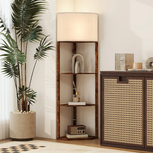 Room interior with wooden shelf, decorative items, and a plant.