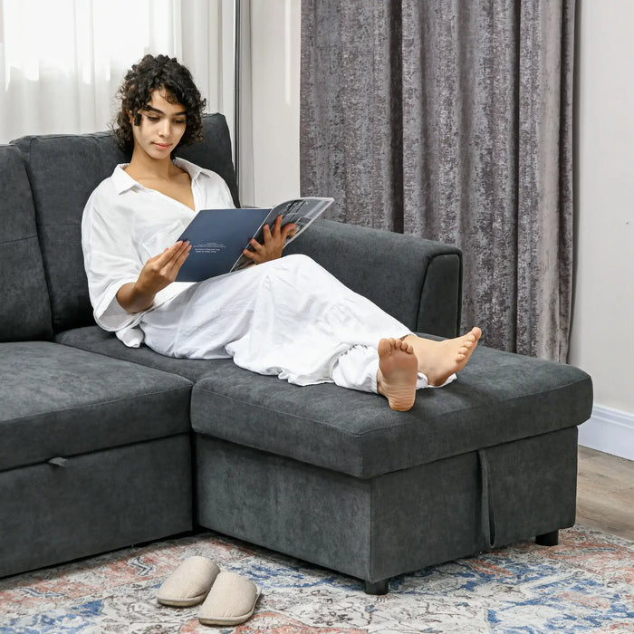 Corner Sofa Bed with Storage – Dark Grey | L-Shaped Design - Pull-Out Double Bed HOMCOM - Little and Giant Explorers