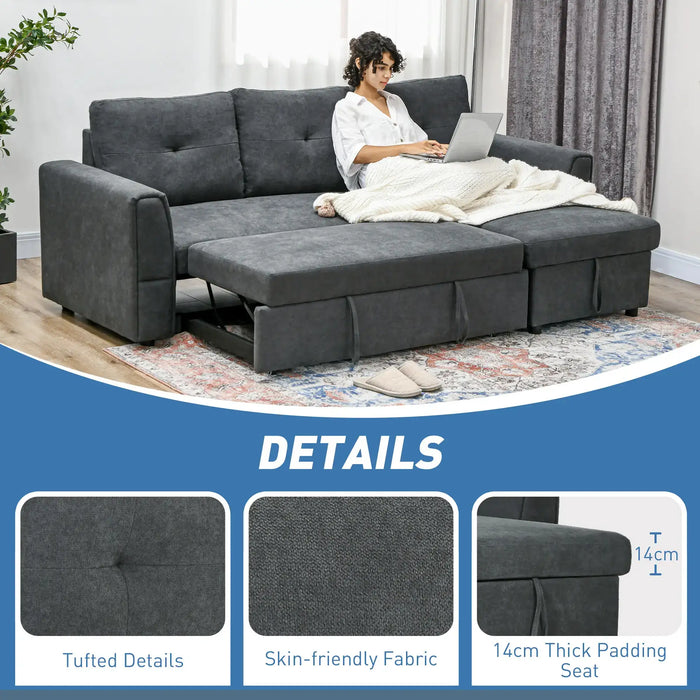 Corner Sofa Bed with Storage – Dark Grey | L-Shaped Design - Pull-Out Double Bed HOMCOM - Little and Giant Explorers