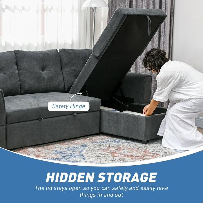 Corner Sofa Bed with Storage – Dark Grey | L-Shaped Design - Pull-Out Double Bed HOMCOM - Little and Giant Explorers