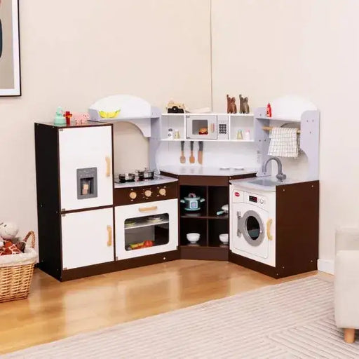 Kids Corner Wooden Play Kitchen with Lights, Sounds and Accessories - Little and Giant Explorers Costway