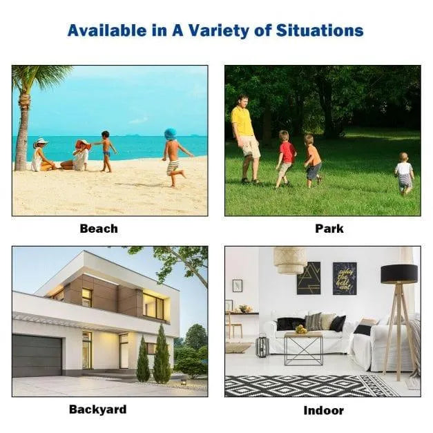 Collage showing beach, park, backyard, and indoor settings for versatile use.