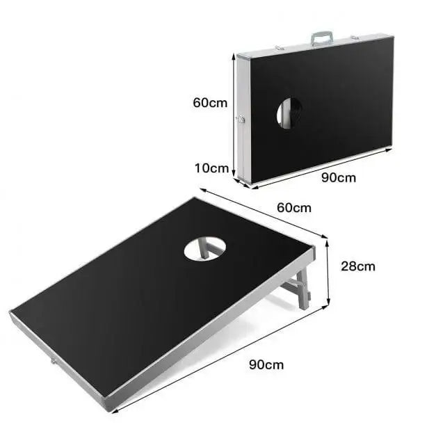 Black cornhole game board set with aluminum frame, MDF surface, foldable and portable case
