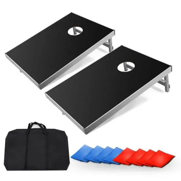 Cornhole game board set with black aluminum frame, bean bags, and carrying case.