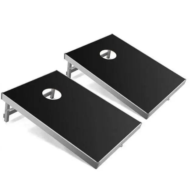 Black cornhole game board set with aluminum frame and MDF construction, side view