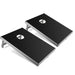 Black cornhole game board set with aluminum frame and MDF construction, side view