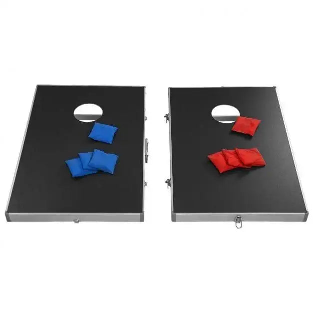 Cornhole game board set with aluminum frame, black MDF surface, blue and red bean bags
