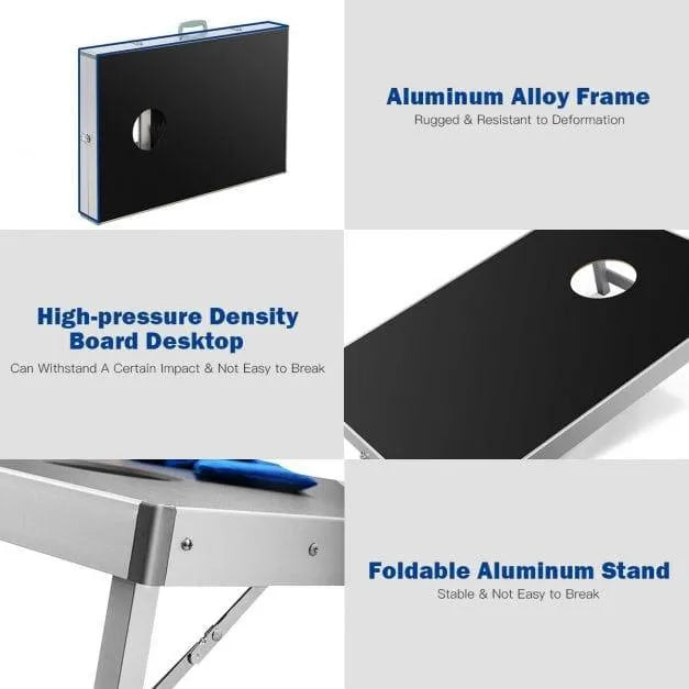 Cornhole game board set with aluminum frame, black MDF surface, and foldable legs shown.