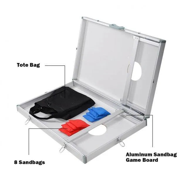 Aluminum cornhole game board set with carry case, black tote bag, and 8 red and blue sandbags.