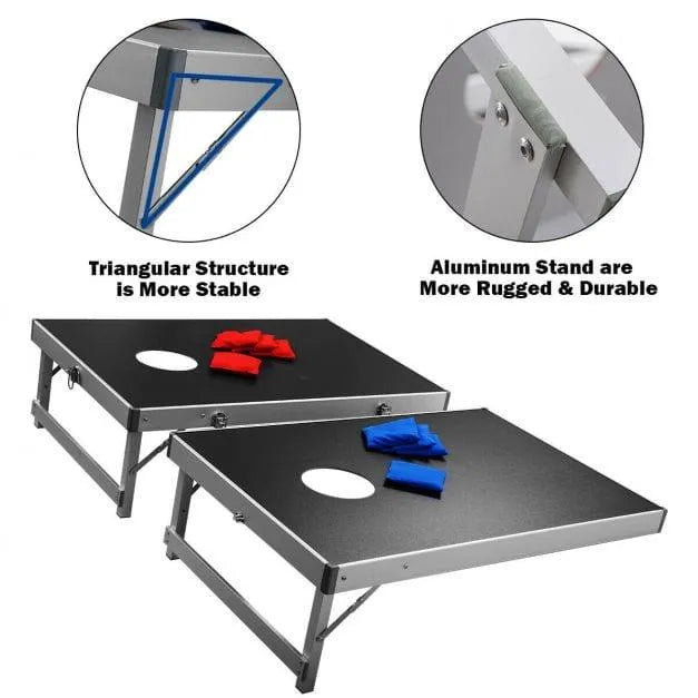 Cornhole game board set with aluminum frame, MDF surface, red and blue bean bags, and stable triangular support