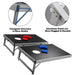 Cornhole game board set with aluminum frame, MDF surface, red and blue bean bags, and stable triangular support