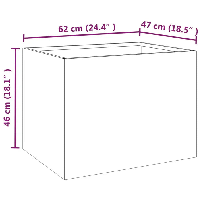 Line drawing of a rectangular garden planter with dimensions 62x47x46 cm, simple design