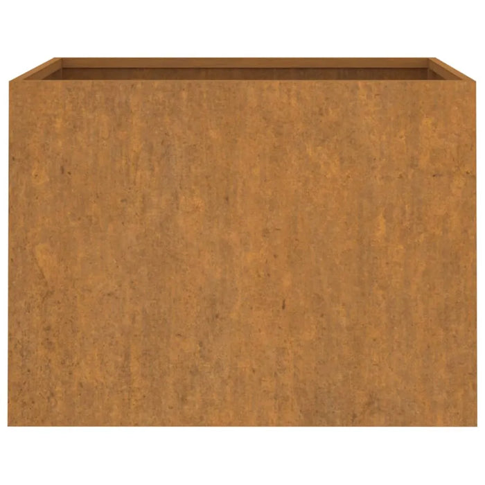 Rectangular corten steel garden planter with weathered rust finish, minimalist raised flower box
