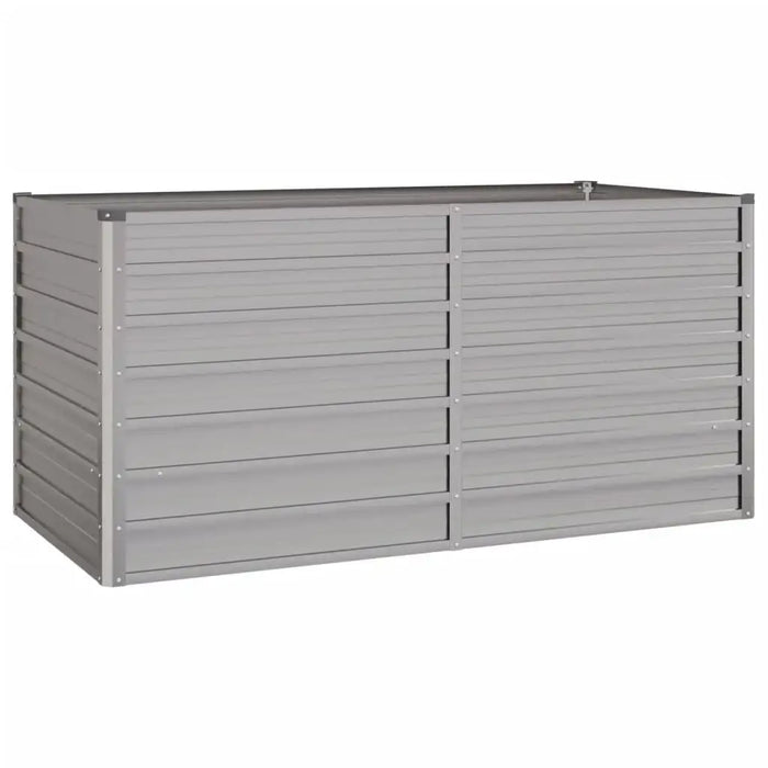 Modern rectangular corten steel raised garden bed with horizontal panels on white background