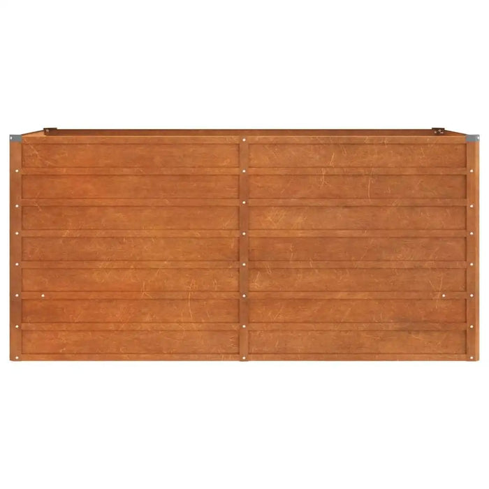 Rectangular corten steel raised garden bed with weathered brown finish on white background