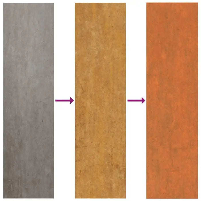 Corten steel weathering process with color changes from grey to brown to orange