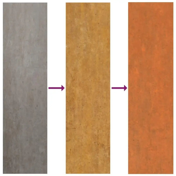 Corten steel patina transformation chart showing steel weathering from grey to rusty orange.
