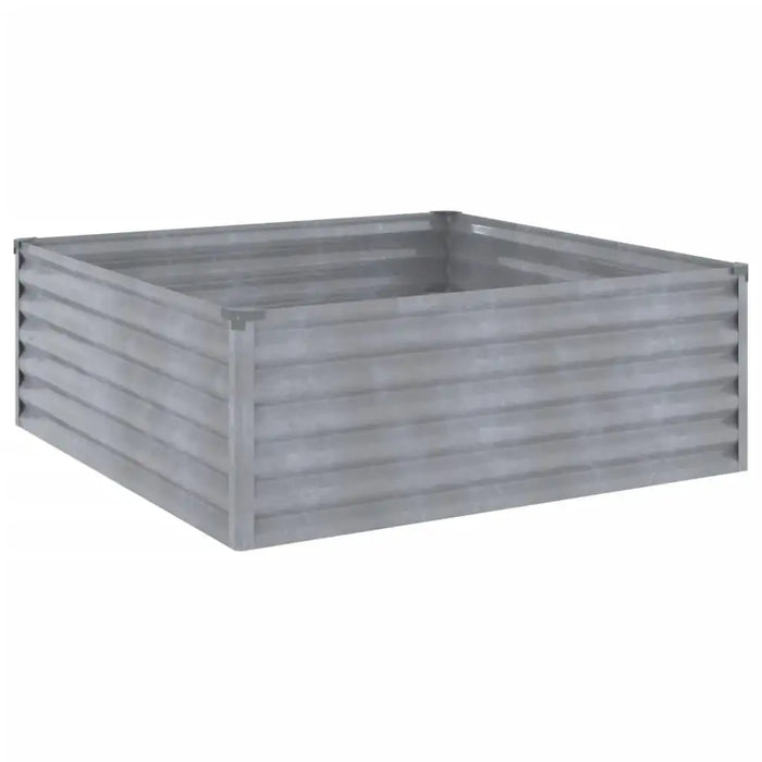 Rectangular corrugated steel raised garden bed with safe edge fold on white background
