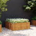 Corten steel raised garden bed with white flowering plants on gravel against black wall