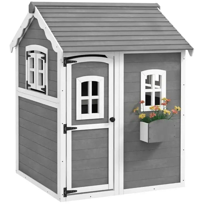 Grey wooden cottage-style playhouse with white trim and flower box under window