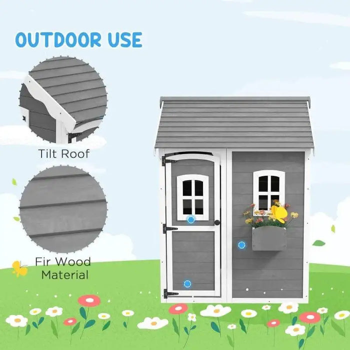 Grey wooden playhouse with tilt roof, fir wood, white trim, flower box, outdoor setting