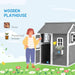 Grey wooden playhouse with built-in floor and flowerpot holder, illustrated guide