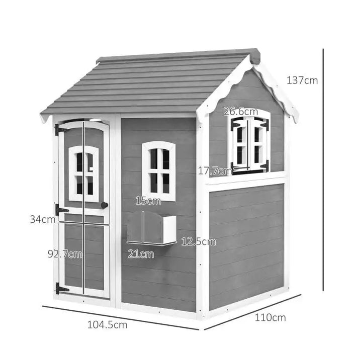 Grey wooden cottage-style playhouse for kids with white trim and labeled dimensions