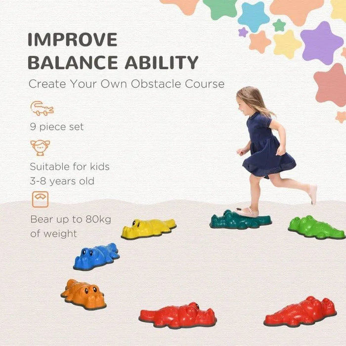 Girl balancing on colorful crocodile stepping stones set for kids obstacle course