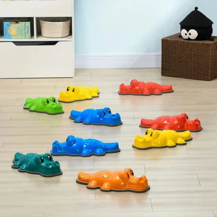 Colorful crocodile balance stepping stones set for kids on playroom floor