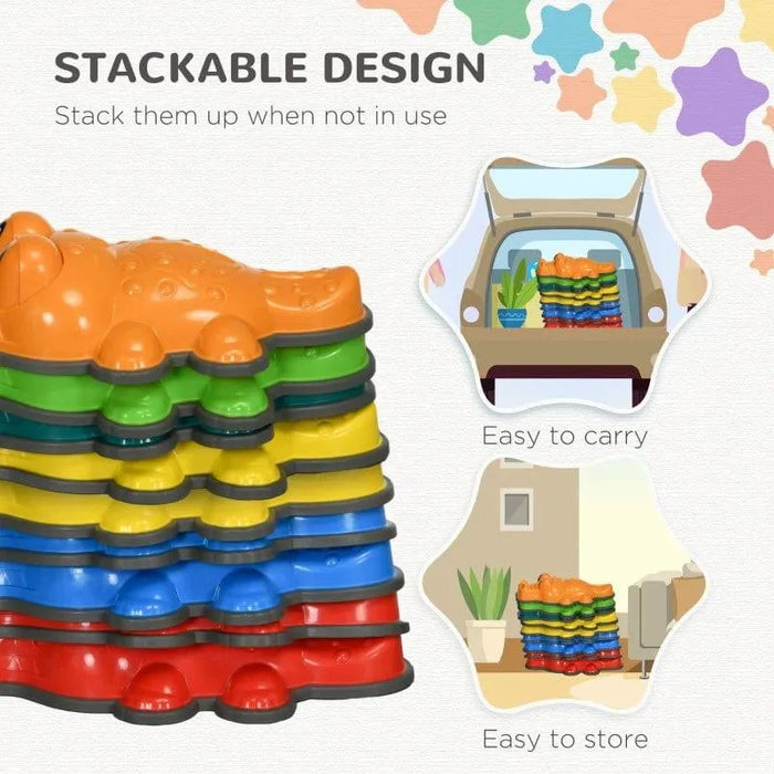 Stacked colorful crocodile balance stepping stones set for kids with storage and travel options shown.