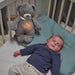 Baby sleeping in crib next to grey teddy bear night light and sound soother