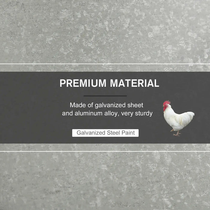 Galvanized steel texture background with text about premium material and a white rooster