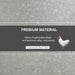 Galvanized steel texture background with text about premium material and a white rooster