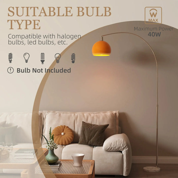Floor lamp with orange bulb in a living room setting, compatibility information displayed.