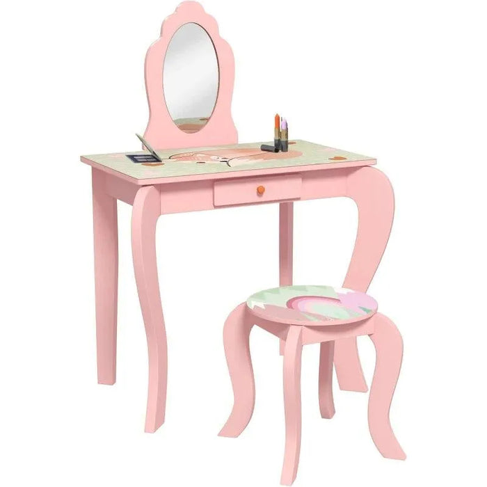 Cute Animal Design Kids Dressing Table with Mirror, Stool and Drawer - Little and Giant Explorers ZONEKIZ