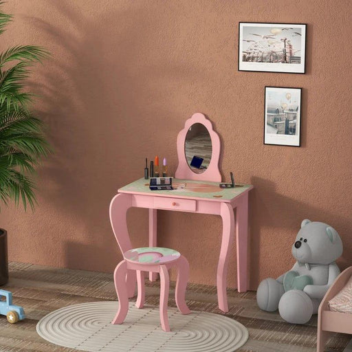 Cute Animal Design Kids Dressing Table with Mirror, Stool and Drawer - Little and Giant Explorers ZONEKIZ